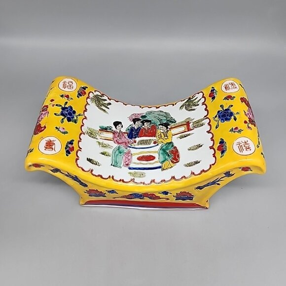Chinese Polychrome Ceramic Headrest or Pillow with Flowers, Birds, and Dragons - Picture 1 of 9